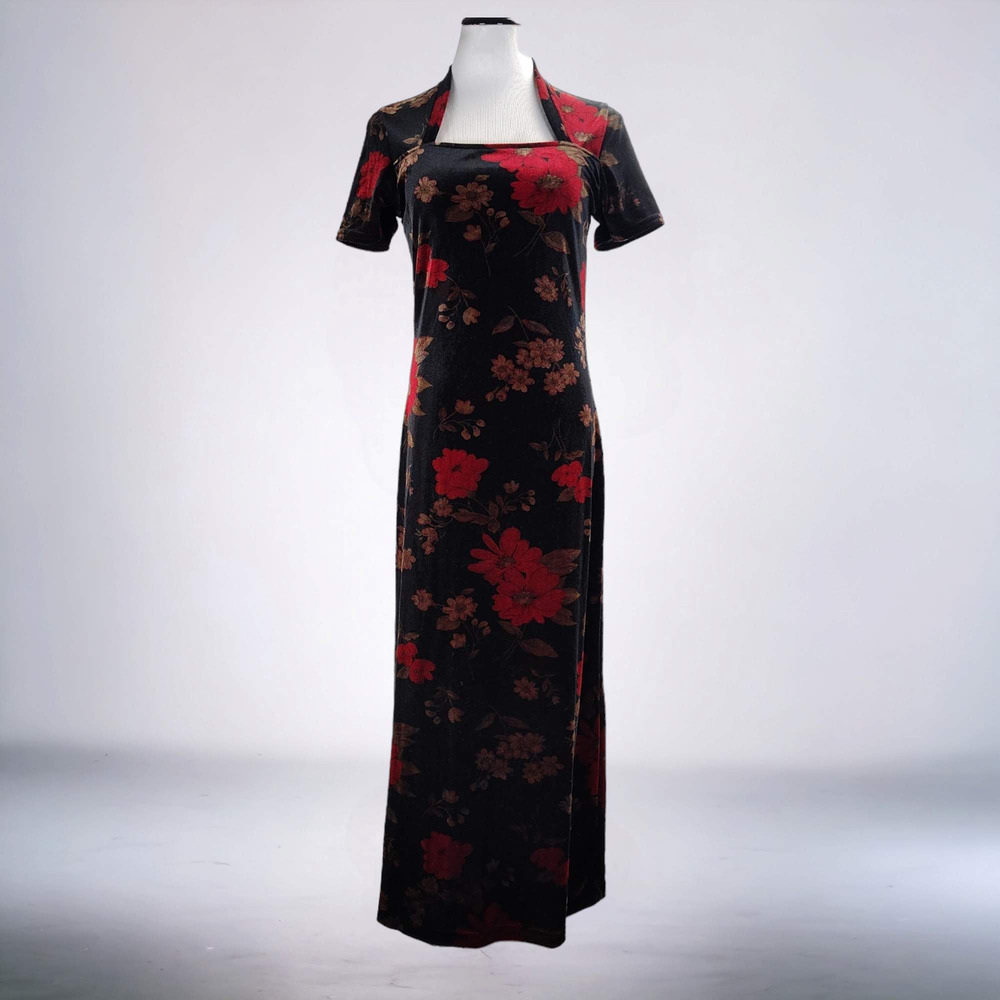 Vintage 90s Kathie Lee Black Floral Velvet Maxi Dress Square Neck Goth Grunge